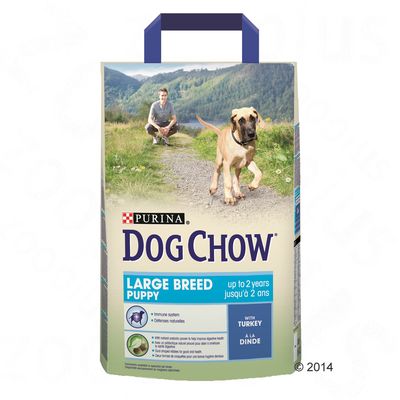 Opakowanie Purina Dog Chow Large Breed Puppy, widoczny napis: up to 2 years, with turkey, ilustracja dużego szczeniaka i mężczyzny na tle górskim.