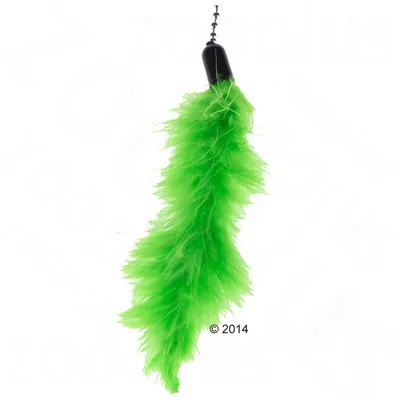 Green feather attachment with a black plastic connector, designed for use as a pet toy accessory.