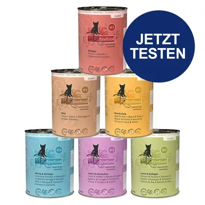catz finefood Classic Nassfutter in Dosen: Geflügel, Wild, Rind & Kalb, Hering & Shrimps, Lamm & Kaninchen, Lachs & Geflügel. Button mit Text 'JETZT TESTEN'.