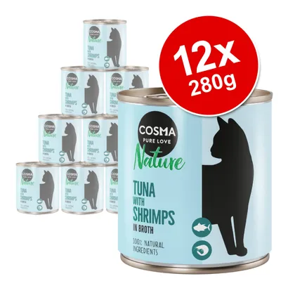 Cosma Pure Love Nature Tuna with Shrimps in Broth, 12 x 280g cans, 100% natural ingredients visible on packaging Cosma Pure Love Nature Tuna with Shrimps in Broth, 12 x 280g cans, 100% natural ingredients visible on packaging