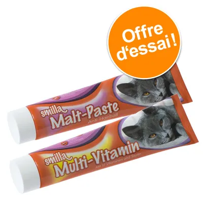 smilla Malt-Paste Anti-Hairball et smilla Multi-Vitamin Mit 12 Vitaminen und Taurin, tubes pour chat, pastille orange : Offre d’essai !