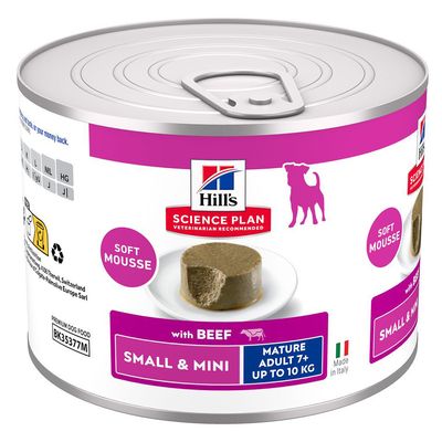 Hill's Science Plan Small & Mini Mature Adult 7+ with Beef Mousse dåse, billede af lille hund, tekst: SMÅ RACER, illustration af ko, produktbillede med mousse på tallerken