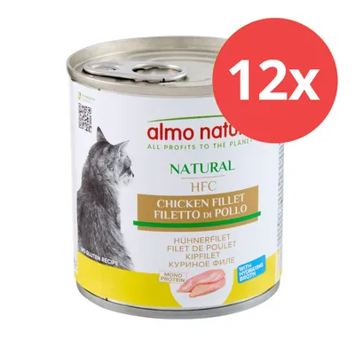 Almo Nature Natural HFC Hühnchenfilet in Brühe, glutenfrei, Mono-Protein, 12x Dosen. Bild zeigt Verpackung mit Katze und Produktdetails.