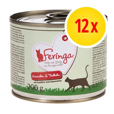 Feringa Kaninchen & Truthahn kissan märkäruoka, 200 g. Pakkaus sisältää 12 purkkia. Etiketissä näkyy myös teksti 'mit Sanddorn und Katzenminze'.