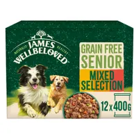 Grain free senior mixed selection, 12 x 400g. Image shows food with vegetables and product name.
