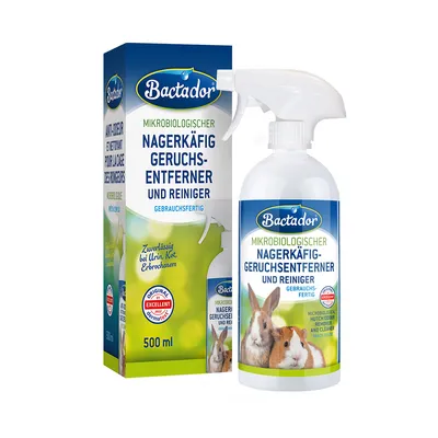 Bactador mikrobiologický odstraňovač zápachu a čistič klietok pre hlodavce, 500 ml, viditeľný nemecký text: Nagerkäfig Geruchsentferner und Reiniger, obrázok králika a morčaťa na obale.