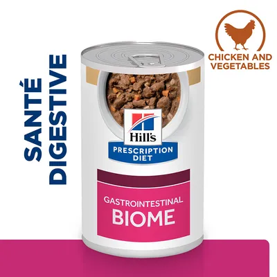 Boîte Hill's Prescription Diet Gastrointestinal Biome, texte visible : SANTÉ DIGESTIVE, CHICKEN AND VEGETABLES. Morceaux de viande et légumes visibles sur l’étiquette.