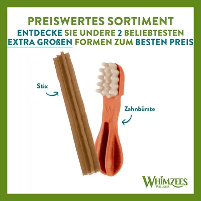 Preiswertes Sortiment von Whimzees Wellness. Entdecke die zwei beliebtesten extra grossen Formen: Stix und Zahnbürste, zum besten Preis.