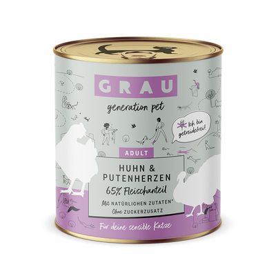 GRAU Adult, bez zbóż, 6 x 800 g Kurczak i serca indycze