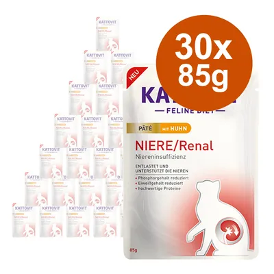 Kattovit Feline Diet NIERE/Renal, pâté mit Huhn, 30 sachets de 85 g. Texte visible : phosphorgehalt reduziert, eiweißgehalt reduziert, hochwertige proteine. Texte en allemand.