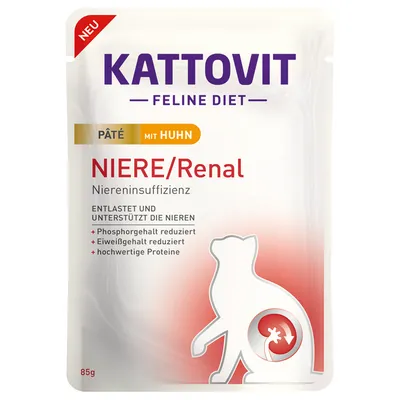 Kattovit Feline Diet Pâté mit Huhn NIERE/Renal, 85g. Texte visibles en allemand : phosphorgehalt reduziert, eiweißgehalt reduziert, hochwertige proteine. Pour insuffisance rénale.