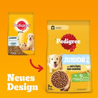 Pedigree Junior hrana za pse, novi dizajn. S peradi i povrćem, prirodni sastojci, prebiotici, superhrana. Pakiranje: 3 kg.