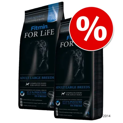 Fitmin For Life Adult Large Breeds kutyatáp, 2 x 15 kg csomag, akciós százalékos jelzéssel. Látható: 17,5 % poultry, teljes értékű eledel nagytestű felnőtt kutyáknak. Fitmin For Life Adult Large Breeds kutyatáp, 2 x 15 kg csomag, akciós százalékos jelzéssel. Látható: 17,5 % poultry, teljes értékű eledel nagytestű felnőtt kutyáknak.