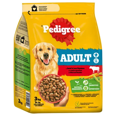 Pedigree Adult храна за кучета с говеждо и зеленчуци, 3 кг. С натурални съставки, пребиотици и суперхрани. 100% без изкуствени аромати или оцветители.