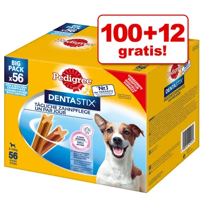 Pedigree DentaStix, BIG PACK x56, 5–10 kg, 100+12 gratis, dnevna zobna nega za pse. Vidni so izdelki v obliki palčk in oznake o trojnem delovanju ter izboljšani formuli.