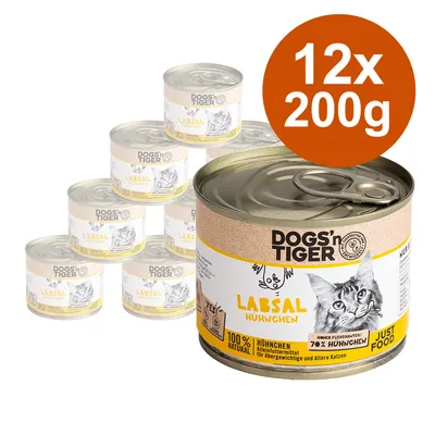 DOGS'n TIGER Labsal κοτόπουλο, 12x200g κονσέρβες. 100% φυσικό, 70% κοτόπουλο, πλήρης τροφή για υπέρβαρες και ηλικιωμένες γάτες.