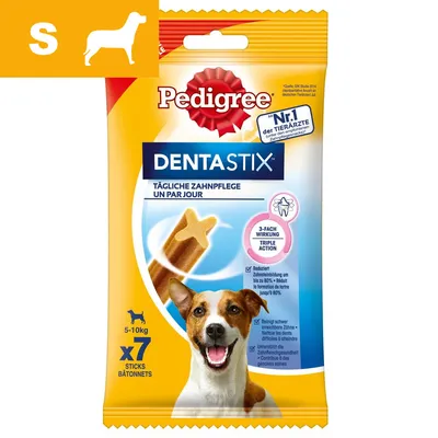 Pedigree Dentastix, 7 sztuk dla psów 5–10 kg. Tägliche Zahnpflege, Triple Action, redukcja kamienia nazębnego do 80%. Widoczny pies i kształt przysmaku na opakowaniu. Pedigree Dentastix, 7 sztuk dla psów 5–10 kg. Tägliche Zahnpflege, Triple Action, redukcja kamienia nazębnego do 80%. Widoczny pies i kształt przysmaku na opakowaniu.