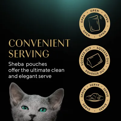 Tekst: CONVENIENT SERVING. Sheba pouches offer the ultimate clean and elegant serve. Ikoner med tekst: OPEN, SQUEEZE OUT, SERVE. Kattehoved nederst.