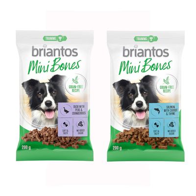 Briantos Mini Bones, 200g. Bezobilná receptura s lososem, mrkví a tymiánem. Měkké a chutné, bez přidaného cukru. Vhodné pro trénink.