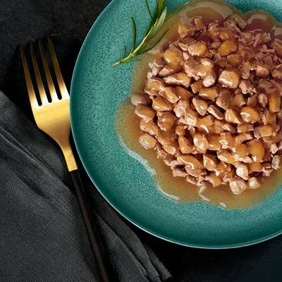 Bord met stukjes natvoer in saus, geserveerd op een groen bord met goudkleurige vork en zwarte servet ernaast. Geen merknaam of productinformatie zichtbaar.