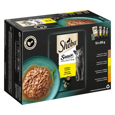 Sheba Sauce Collection ποικιλία πουλερικών, 12 x 85 g. Με φυσικά και ποιοτικά συστατικά. Συσκευασία δείχνει τροφή γάτας σε σάλτσα σε πιάτο.