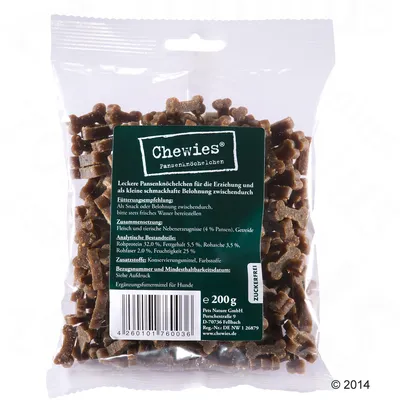 Balenie Chewies pansenknoechelchen 200 g, zloženie: mäso a živočíšne vedľajšie produkty (4 % držky), obilniny. Analýza: bielkoviny 32 %, tuk 5,5 %, popol 3,5 %, vláknina 2 %, vlhkosť 25 %.