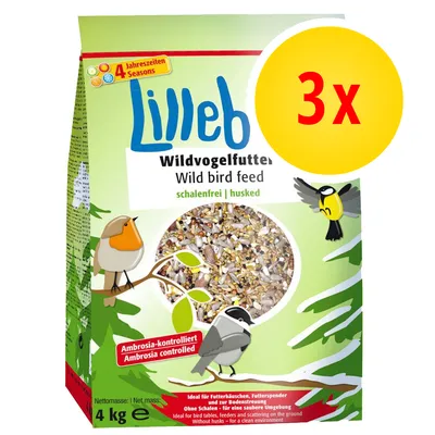 Lilleb Wildvogelfutter, schalenfrei, Ambrosia-kontrolliert, 4 kg, für alle Jahreszeiten, 3x Packung, ideal für Futterhäuschen und saubere Umgebung.