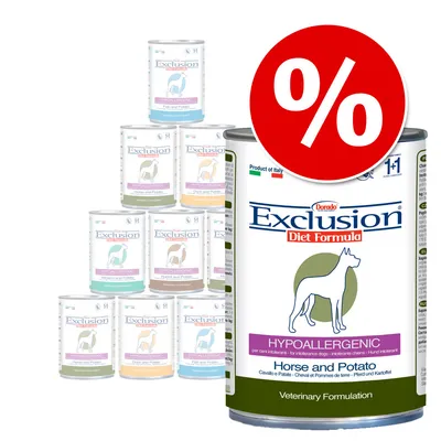 Dorado Exclusion Diet Formula dåsefoder til hunde, synlige varianter: Horse and Potato, Fish and Potato, Duck and Potato, Venison and Potato. Stor rød procent-tegn for tilbud. Dorado Exclusion Diet Formula dåsefoder til hunde, synlige varianter: Horse and Potato, Fish and Potato, Duck and Potato, Venison and Potato. Stor rød procent-tegn for tilbud.