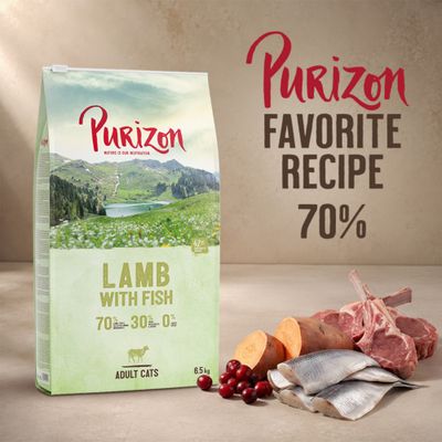 Purizon Lamb with Fish für ausgewachsene Katzen, 6,5 kg. Favorite Recipe 70%. Zutaten: Lamm, Fisch, Süßkartoffel, Cranberry. 70% tierische Zutaten, 30% Gemüse, 0% Getreide.