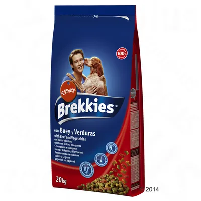 Пакет Affinity Brekkies con Buey y Verduras, 20 кг, с изображение на куче. Видим текст: with Beef and Vegetables, 100% complete, информация за съставки на различни езици.