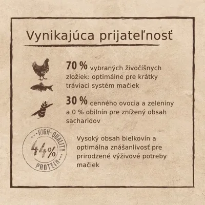Vynikajúca prijateľnosť: 70 % živočíšnych zložiek, 30 % ovocia a zeleniny, 0 % obilnín, vysoký obsah bielkovín, optimálna znášanlivosť pre mačky, 44 % protein – High Quality.