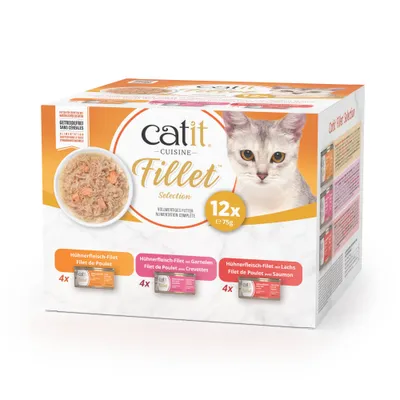catit Cuisine Fillet Selection, 12x75g, bez zboża. Warianty: filet z kurczaka, filet z kurczaka z krewetkami, filet z kurczaka z łososiem, po 4 sztuki każdego.