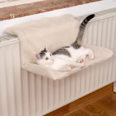 Lettino per gatti in tessuto morbido, fissato a un termosifone. Gatto bianco-grigio sdraiato sopra.