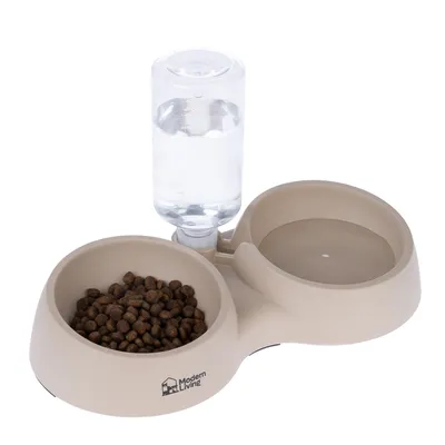 Double bowl with beige plastic dishes, one for dry food and one for water. Integrated water dispenser bottle. Brand: Modern Living.