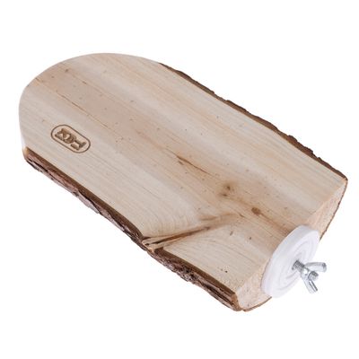 Plateforme rectangulaire en bois naturel avec écorce, fixation métallique à vis et écrou papillon visible sur le côté, logo Trixie gravé sur la surface.