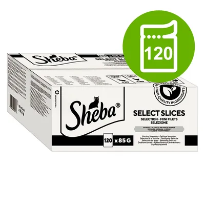 Sheba Select Slices, Mini Filets in saus, 120 x 85g. Verpakking met vermelding van hoogwaardige ingrediënten.