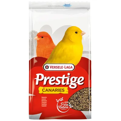 Versele-Laga Prestige Canaries, 100% Pure Nature, Kanarienfutter mit sichtbaren Samen. Verpackung zeigt gelben und roten Kanarienvogel.