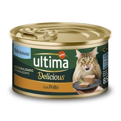 Ultima Fit & Delicious cu pui, hrană umedă pentru pisici sterilizate. Pachet cu 24 de conserve a câte 85g. Controlul greutății și pui ca ingredient principal.