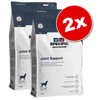 Lot de 2 sacs SPECIFIC Joint Support pour chiens adultes, 4 kg chacun. Texte visible : soutien de la fonction articulaire, oméga-3, énergie modérée, collagène hydrolysé, antioxydants.