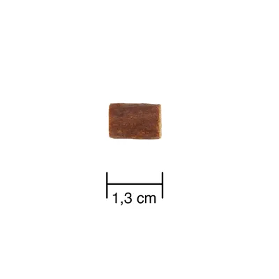 Produktbild eines rechteckigen Snacks mit einer Länge von 1,3 cm, dargestellt mit Massangabe.