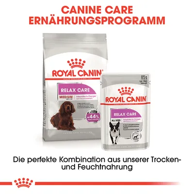Royal Canin Relax Care Medium suha hrana in Relax Care All Sizes mokra hrana. Canine Care prehranski program, popolna kombinacija suhe in mokre hrane.