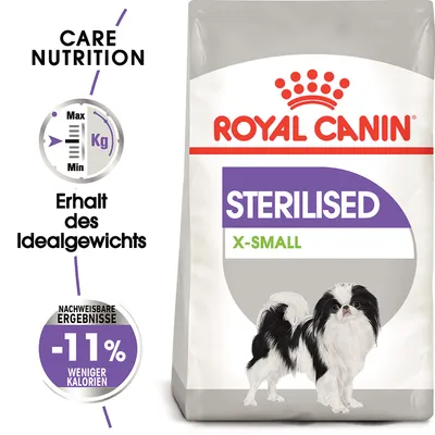 Royal Canin Sterilised X-Small, udržení ideální hmotnosti, prokazatelné výsledky: -11 % kalorií. Care Nutrition pro malé kastrované psy.