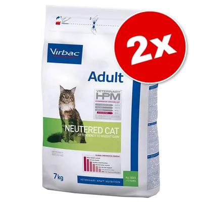 Sac de croquettes Virbac Adult Neutered Cat 7 kg, texte visible : HPM, contrôle du poids corporel, soutien urinaire, lot 2x indiqué sur pastille rouge.