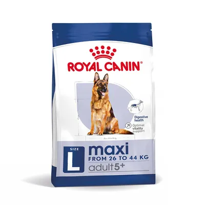 Опаковка Royal Canin maxi L size за кучета 26–44 кг, adult 5+, с изображение на немска овчарка. Видими надписи: Digestive health, Optimal vitality support. Опаковка Royal Canin maxi L size за кучета 26–44 кг, adult 5+, с изображение на немска овчарка. Видими надписи: Digestive health, Optimal vitality support.