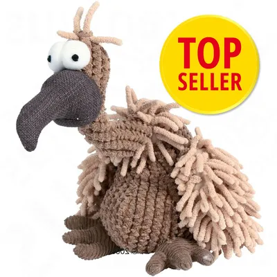 Pehmolelu, lintu, ruskeaa ja beigeä kangasta. Keltainen merkki: TOP SELLER punaisella tekstillä.