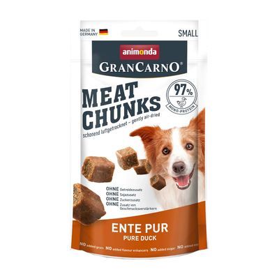 Animonda GranCarno Meat Chunks, delikatnie suszone powietrzem, 97% mono-białka, czysta kaczka. Bez dodatku zbóż, soi, cukru i wzmacniaczy smaku. Made in Germany.