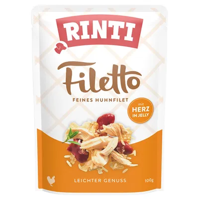 Rinti Filetto delikatny filet z kurczaka z sercem w galarecie, lekka przyjemność, 100g. Opakowanie pokazuje mięso z kurczaka i kawałki serca w galarecie.
