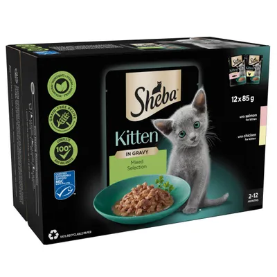 Sheba Kitten in Gravy Mixed Selection, 12 x 85g packs with salmon and chicken, grain-free recipe, complete and balanced, suitable for 2-12 months, 100% recyclable paper.