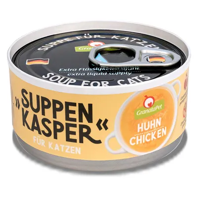 GranataPet Suppen Kasper für Katzen, Huhn Chicken, Extra Flüssigkeitszufuhr. Suppe in Dose mit gelbem Design und deutscher Flagge.