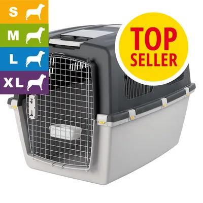 Transportbox mit Gittertür, geeignet für Hundegrößen S, M, L, XL. Gelbes Siegel mit rotem Text: TOP SELLER. Transportbox mit Gittertür, geeignet für Hundegrößen S, M, L, XL. Gelbes Siegel mit rotem Text: TOP SELLER.